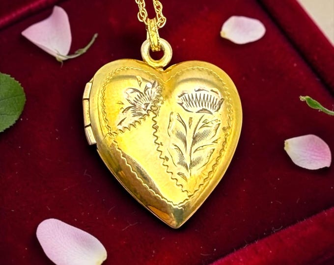 Vintage Etched Floral Heart Locket Necklace: 12K Gold Vermeil, Sterling Silver, 14K GF Chain