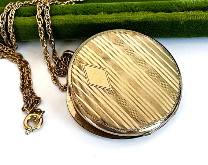 Art Deco Gold Filled Etched Photo Locket Pendant on 12K GF Chain - Elgin NAPOLEON Hallmarked Round Necklace w/ 2 Photo Wells & Pinstripes