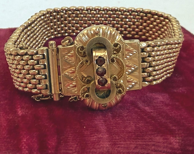 Antique Victorian Gold Filled Mesh Bracelet w/ Garnets - Ca Late 1800s to Early 1900s Estate Jewelry - Feminine Romantic Gift Woman or Girl