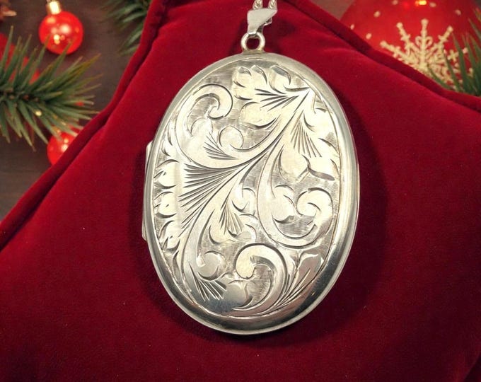 Large Sterling Silver Locket Necklace: Etched Swirl Design, Vintage Photo Pendant