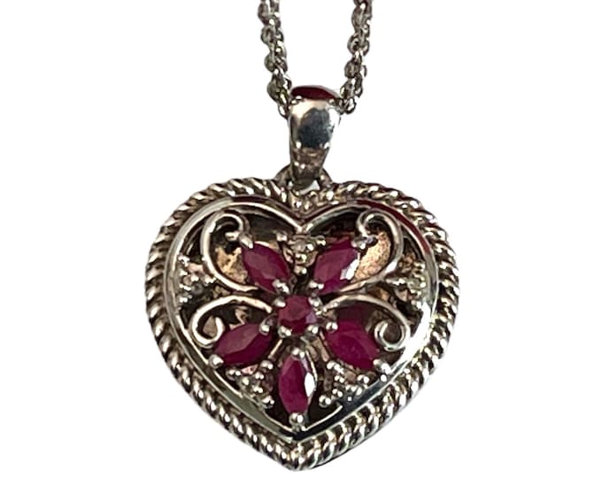 Vintage Sterling Silver & Ruby w/ Diamonds Openwork Heart Locket on 925 Sterling Chain - Retro Pendant Necklace w/ Filigree Flower Design