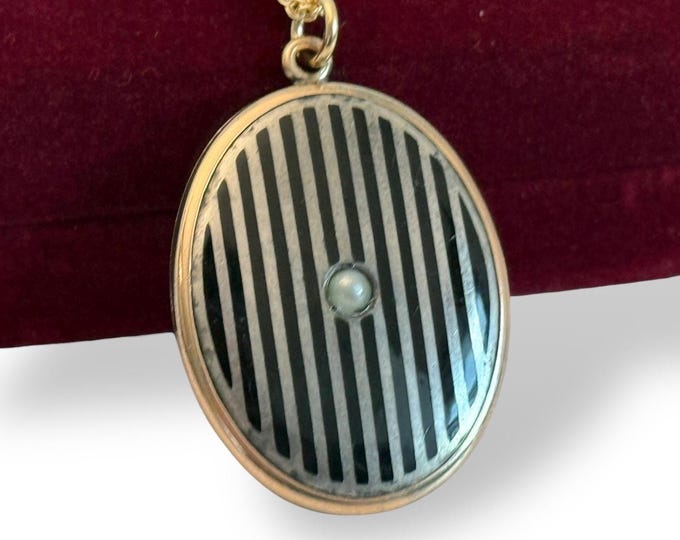 Art Deco Gold Filled / Mixed Metal Oval Locket, Black Enamel w/ Pearl, 14K GF Chain, 2 Photo