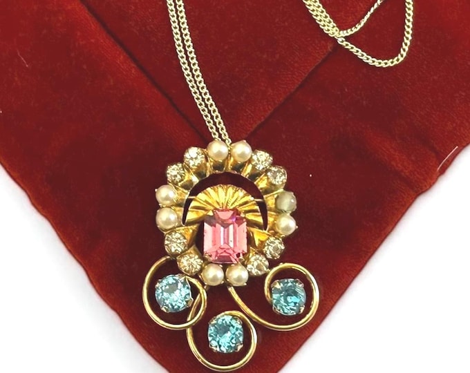 Vintage 12K Gold Filled Converter Brooch Necklace - Retro Flower Pin Pink Blue Rhinestones Faux Pearl on 14K GF Chain - AMCO Estate Jewelry