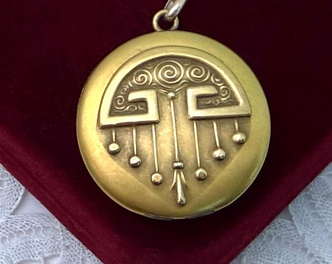 Art Deco Gold Filled Locket Necklace: 2 Photo Repousse Greek Key Pendant, 14K GF Chain
