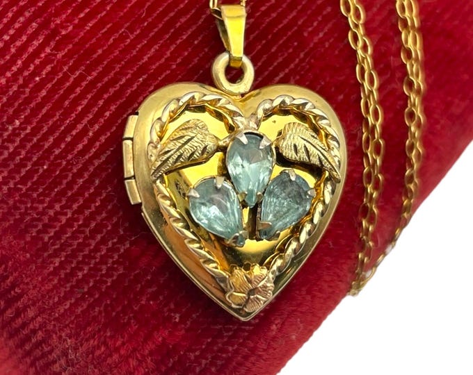 Vintage Gold Filled Heart Locket - 12K GF Raised Floral & Light Blue Aquamarine Paste Stones on GF Chain Gift for Her Retro Photo Keepsake