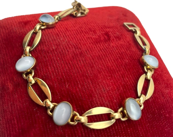 Lovely 12K Gold Filled Moonstone Bracelet - GF Links June Birthstone Hallmark WER W.E. Richards - Vintage Mid Century Estate Jewelry 1950s