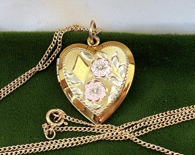 Vintage 12K Gold Filled Etched Heart Locket on 14K GF Chain, 2 Photo Pendant