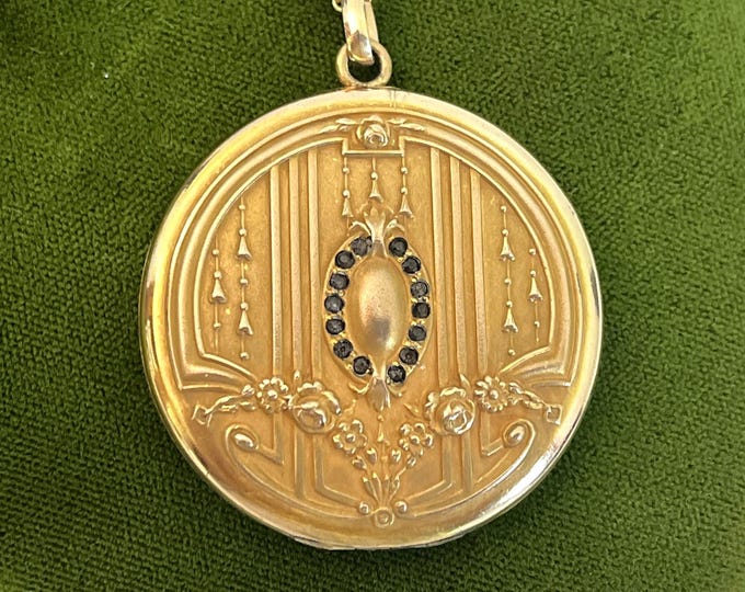Antique Art Deco Gold Filled Locket Necklace: Ornate Monogram, Paste Stones