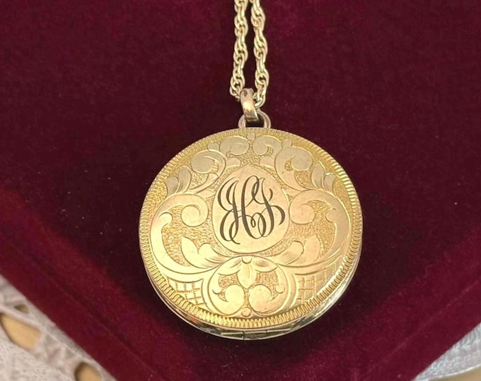 Antique Gold Filled Monogrammed & Etched Locket Necklace: 14K GF Chain, Early 1900s