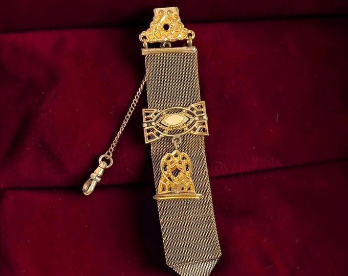 Antique Edwardian Mixed Metal Mesh Pocket Watch Chain, CHH Dog Clip, FMH Monogram Fob