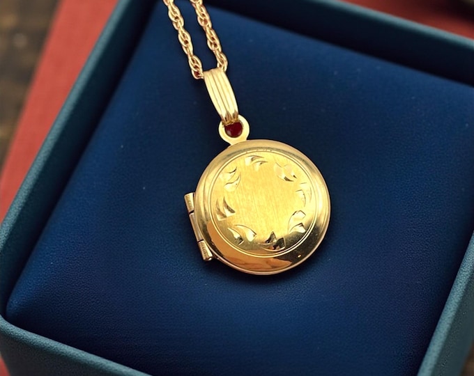 Vintage Gold Locket - 12K Gold Filled Small Round Etched Necklace on 14K GF Chain