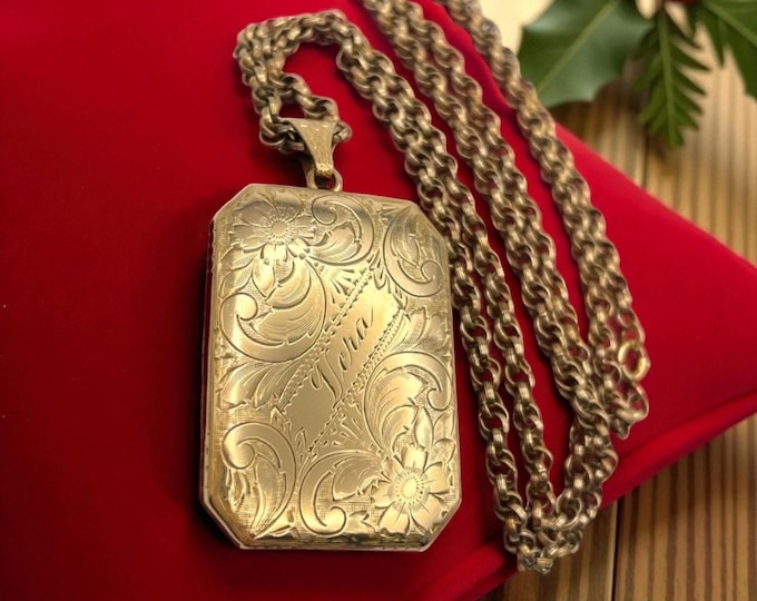 Vintage 12K Gold Filled Locket Necklace: Etched Floral "Vera" Monogram, 1920s Art Deco