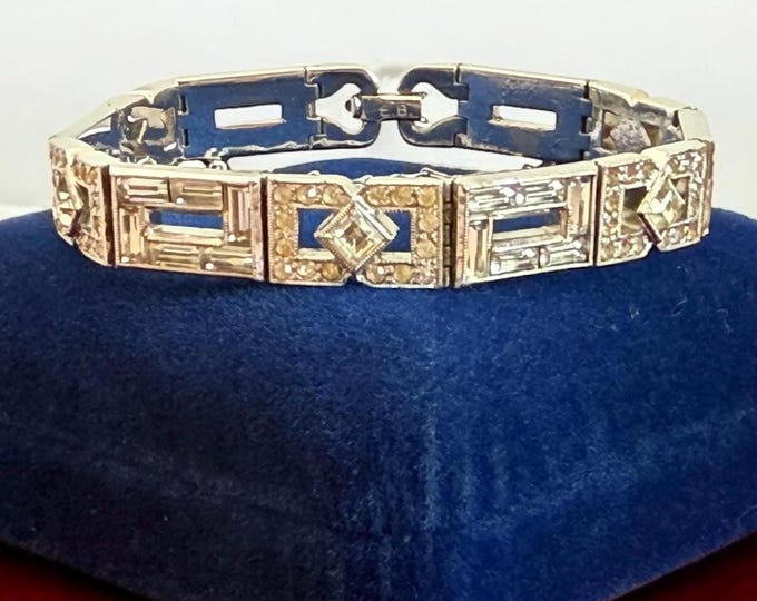 Art Deco Engle Brothers EB  Bracelet w/ Clear Large & Small Rhinestones on Alternating Links - Vintage Estate Jewelry - Gift Woman or Girl