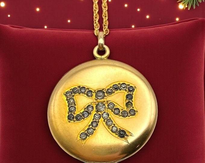 Antique Gold Filled Locket – Edwardian Rhinestone Bow Monogram Necklace