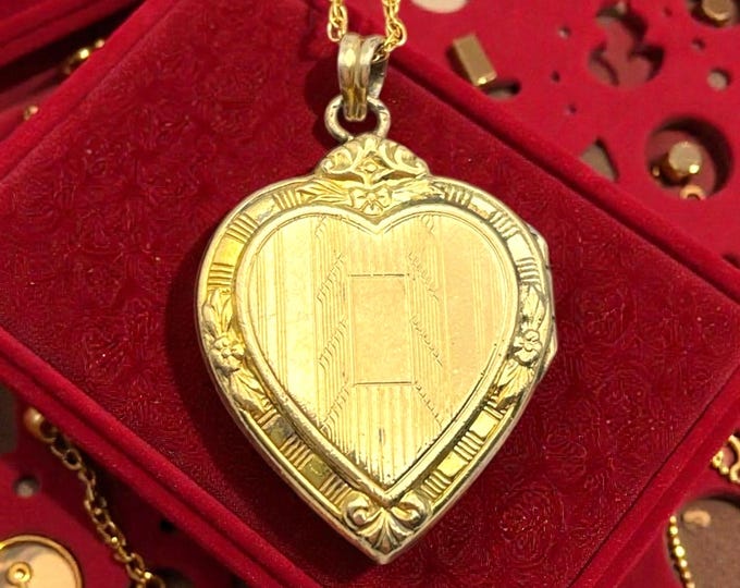 Vintage Gold Heart Locket: HAYWARD 12K Gold Filled Necklace - Etched Pinstripe Photo Pendant on 14K GF Chain