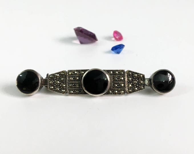Sterling Silver Marcasite & Onyx Brooch / Pin - Art Deco Bar Pin - Antique or Vintage Horizontal Brooch Marked 925