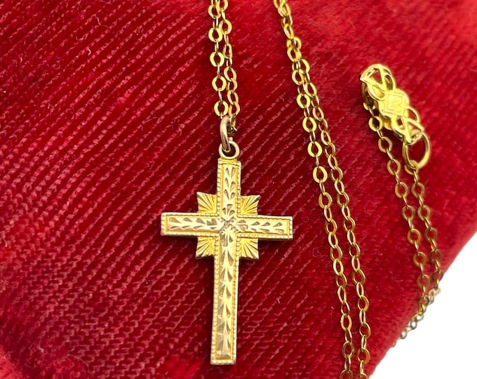 Vintage 12K Gold Filled Etched Cross - Chain HFB Hallmark Yellow Gold 1940s Retro Religious Christian Pendant Necklace Jewelry Gift for Her