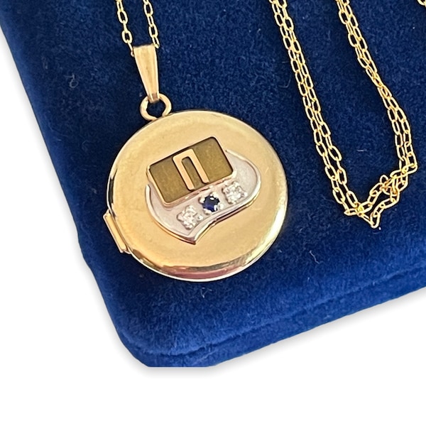 Vintage Round 12K Gold Filled Capital Greek Pi Locket Necklace - Retro Pendant w/ Diamonds & Blue Topaz - 2 Photo  Estate Jewelry