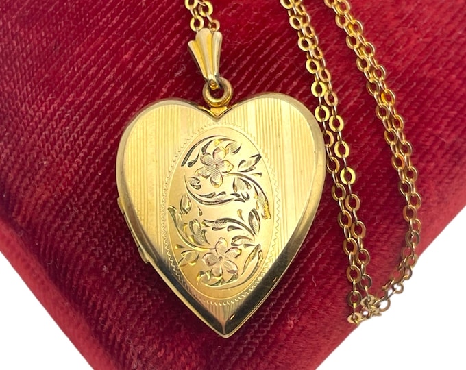 LARGE Vintage Gold Filled Heart Locket - Speidel Etched Flowers Floral 12K GF Necklace Pinstripes Keepsake Photo Pendant Jewelry Retro Gift