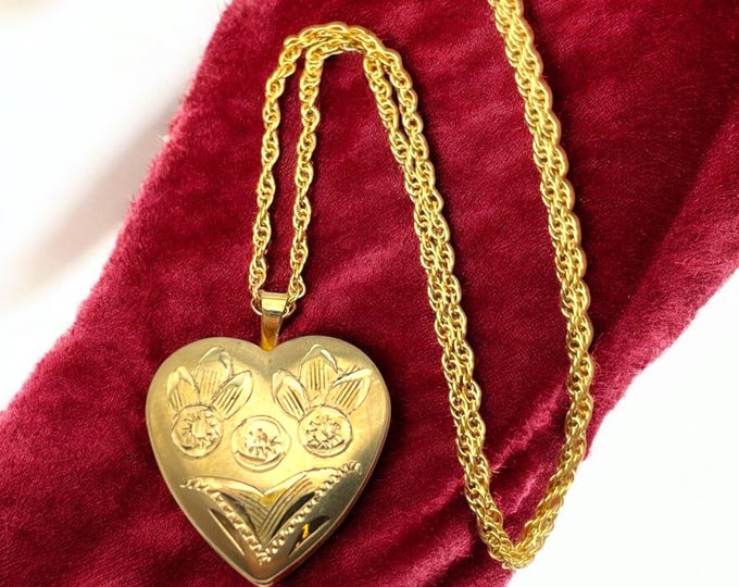 Vintage 14K Gold Filled Heart Locket Necklace - 14K GF Hallmark PPC Princess Pride Creations Photo Pendant Etched Floral Flower Love Design