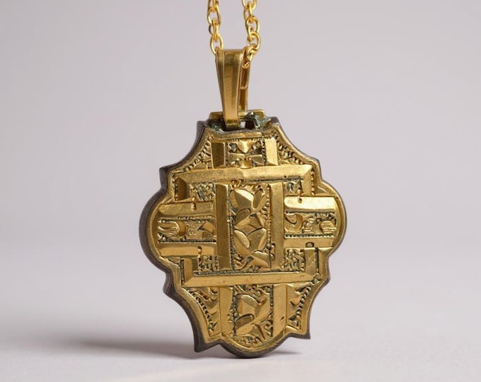 Victorian Gold Plated Shield Necklace - 14K GF Chain