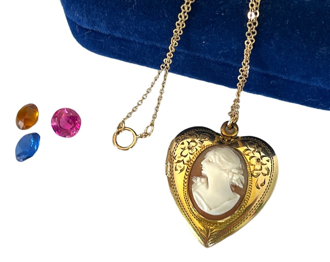 Vintage Gold Filled Carved Cameo Heart Locket - Etched Pendant Necklace w/ 2 Photo Wels - Estate Jewelry Retro Era Necklace 1940s