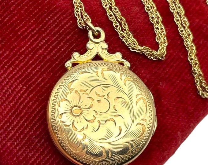 Vintage Birks Locket Necklace - Round Gold Filled Charm with Etched Flowers Floral Pendant Jewelry - "Love Bert Feb 14 '57"  Gift for Her