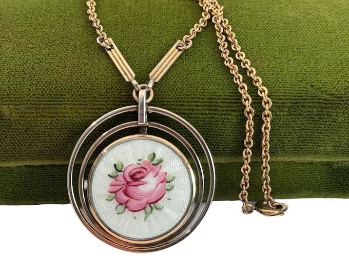Vintage Round Guilloche Form Locket w/ Pink Rose on Gold Filled Specialty Chain - Enamel Pendant w/ 1 Glass Well Cover -Retro Estate Jewelry