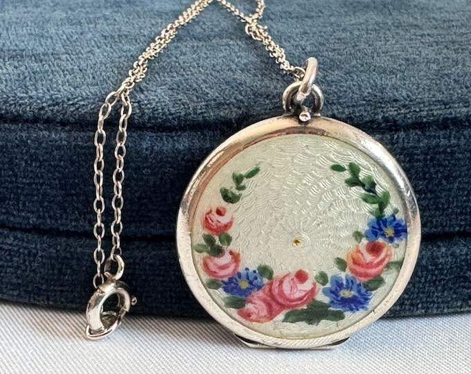 Antique White Blue Pink Guilloche 935 Silver Enamel 2 Photo Locket w/ Roses on Sterling 925 Chain - F&V Hallmark - ca 1940s Estate Jewelry