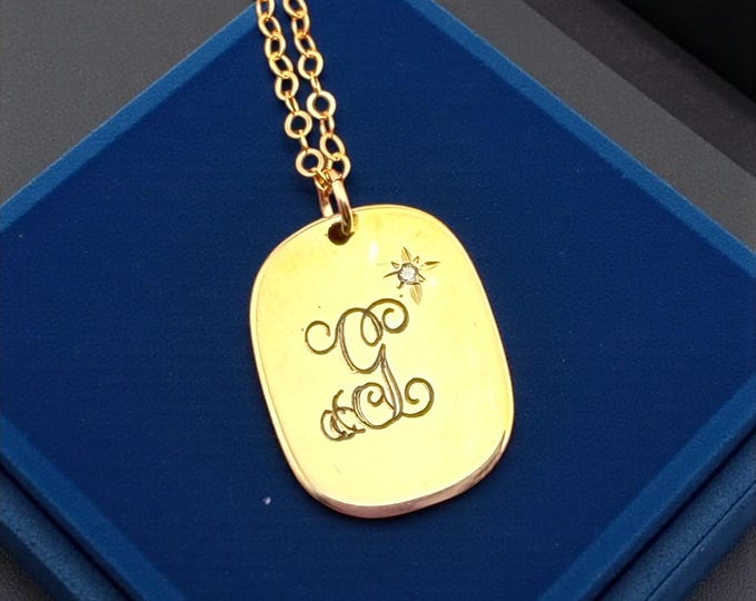 Vintage 12K Gold Filled Dog Tag Pendant with Diamond Chip, Letter G Necklace