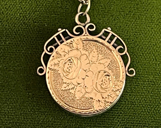 Vintage 10K Gold Etched Locket Fob Pendant on 14K GF Chain - Victorian Ornate Necklace - Circle Shape w/ Roses Round Photo Pendant