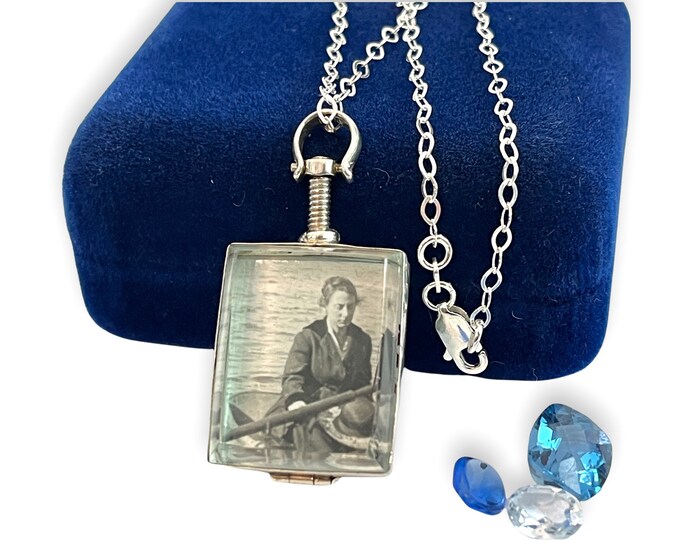 Vintage Glass & Sterling Silver Locket Necklace on 925 Chain - 2 Photo Rectangular Pendant w/ Screw Top - Light Aqua Glass - Estate Jewelry
