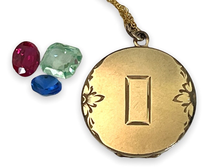 Art Deco Style Gold Filled Etched Locket Necklace w/ Floral Design - Retro Hallmarked Pendant w/ Round 2 Photo Wells