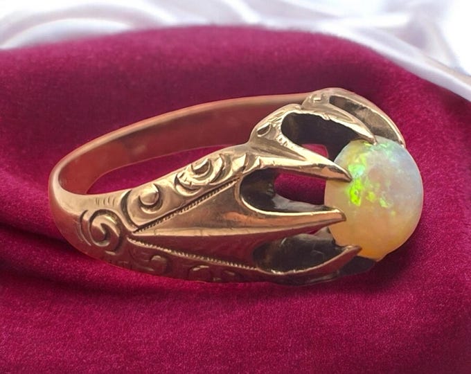 Antique 10K Gold Opal Ring - Vintage Victorian Yellow Gold Wedding Jewelry Belcher Setting - October Birthstone Play of Color Size 7.5