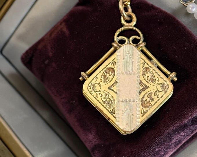 Antique Etched Gold Filled Square Locket, Two-Tone Ornate Bale, 2 Photo Wells, 14K GF Chain