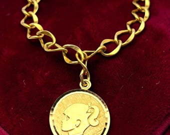 Vintage 12K Gold Filled Charm Bracelet with Girl Child Charm - Girl Mom Gold Link Chain MCM Circa 1960s Era, Gift for Her, Simple Jewelry