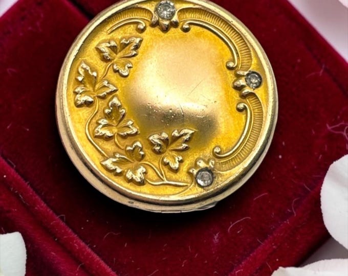 Art Nouveau Gold Filled Locket Necklace: Rhinestone and Leaves, W&H Co. EMC Monogram Antique Vintage Timeworn Treasure