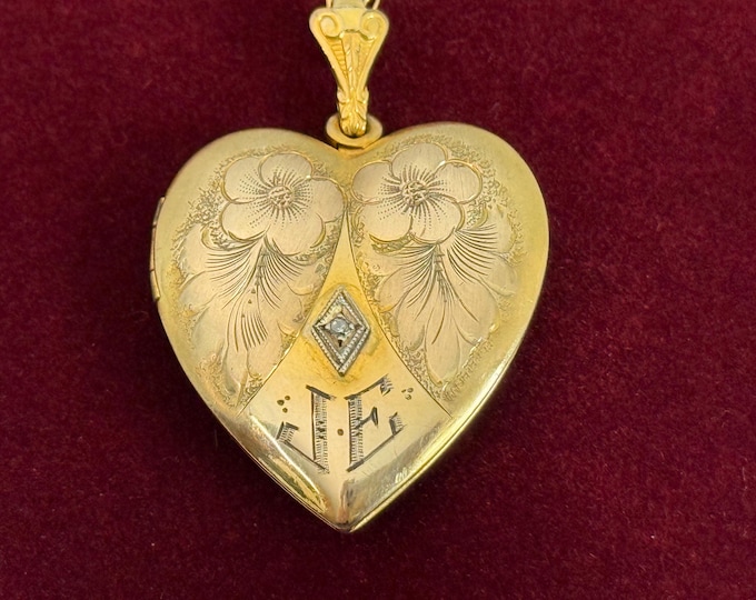 Vintage 10K PS Co Gold Filled Etched Heart Locket w/ Diamond, GF Chain, JE Monogram