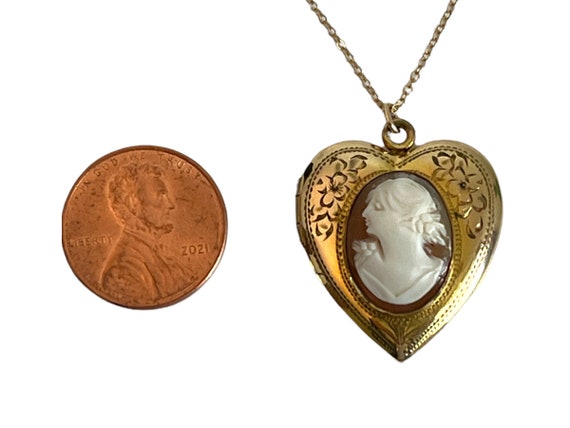 Vintage Gold Filled Carved Cameo Heart Locket - E… - image 8