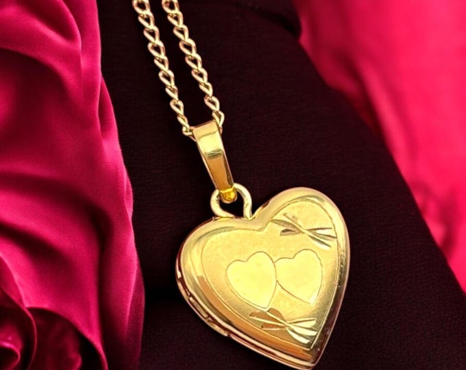Vintage 14K Gold Filled Heart Locket Necklace - Petite Tru-Kay TK - Tiny etched Hallmarked Small Pendant Photo Charm Women's Children's