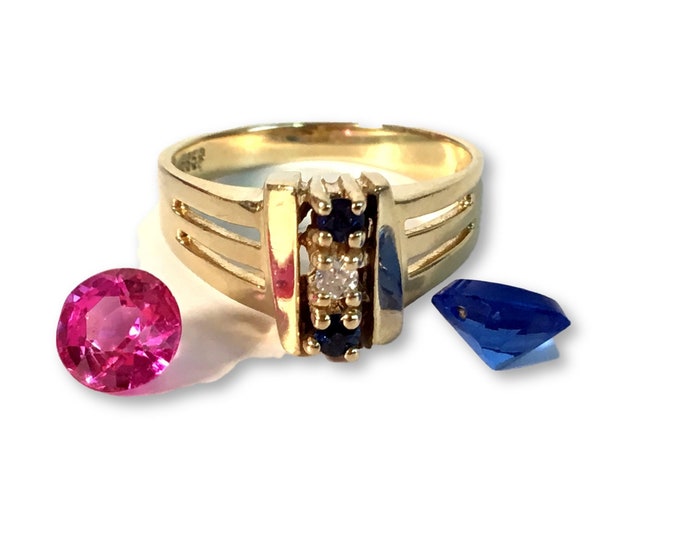 Vintage 14K Gold Diamond & Sapphire Ring - Mod Statement Modernest Style Ring - Hallmark CID (Clyde Duneier) Retro Abstract Vertical Setting