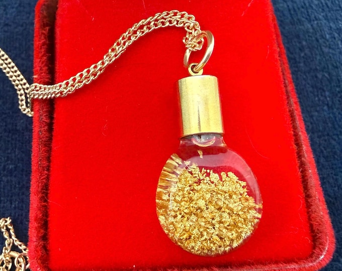 Vintage Glass Pendant w/ Gold Flakes, 14K GF Chain, Souvenir Charm Necklace