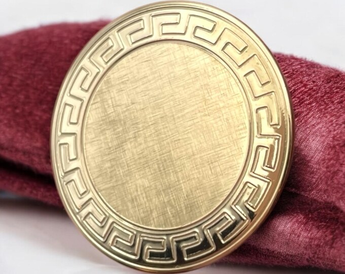 Vintage 12K Gold Filled Brooch Pin - Round Circle Greek Key Brushed Finish Retro Era Hallmark Estate Jewelry 1950s Mid Century Grandma Style