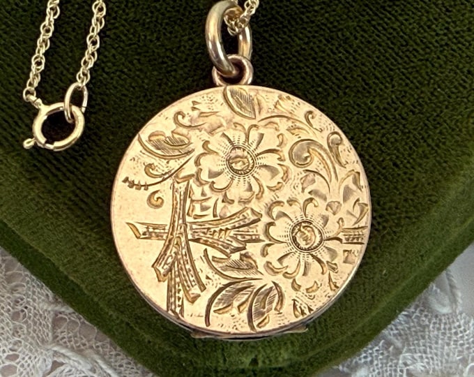 Antique Gold Filled Locket Necklace: Circle w/ Etched Flowers, 14K GF Chain