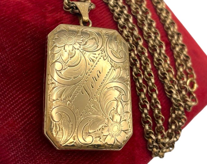 LARGE Vintage Rectangle Gold Filled Locket - Monogram "Vera" Etched Flowers 12K GF Necklace Photo Pendant Curb Chain Retro Circa 1920s