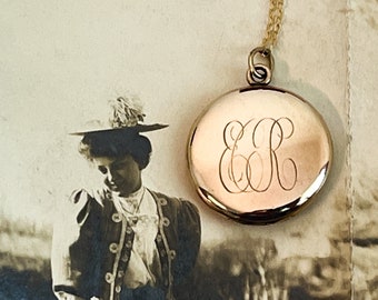 Vintage Gold Filled Monogram ECR - Photo Locket Pendant 14K Gold Filled Chain - Edwardian Round Necklace  Compartments Estate Jewelry