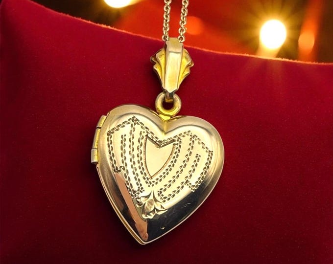 Vintage Gold Heart Locket- 12K Gold Filled Necklace: SB Etched Design Sammartino Bros 1950s Sweetheart Locket