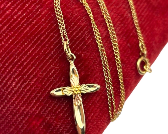 Vintage Gold Filled Cross - TK Tru-Kay 14K GF Chain Yellow Gold Flower Pink Green Leaves Religious Christian Pendant Necklace Jewelry Gift