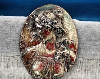 Vintage Henryk Winograd Sterling Silver Brooch Pendant: Art Nouveau Woman Cameo
