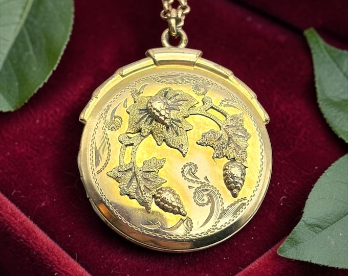 Vintage Gold Locket:  12K Gold Filled Necklace Grapes and Leaves, SAMSAN Estate Jewelry